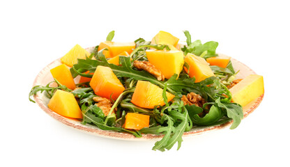 Plate of delicious salad with persimmon and walnut on white background