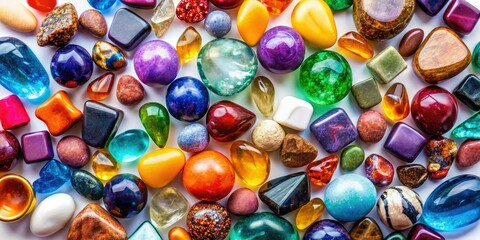 Overhead shot: Semiprecious stones gleam, vibrant silhouettes against a pristine white backdrop.