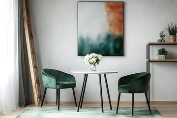 Modern Minimalist Dining Area with Green Velvet Chairs, Abstract Art and Indoor Plants Creating a...