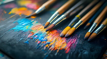 A vibrant array of paintbrushes arranged on a colorful palette, showcasing the beauty of artistic expression.