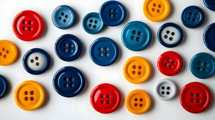 Fototapeta premium A vibrant collection of colorful buttons arranged on a white surface, perfect for crafting and sewing projects.