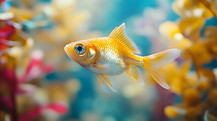 Obraz premium A vibrant orange goldfish swimming gracefully among colorful aquatic plants, showcasing the beauty of underwater life.