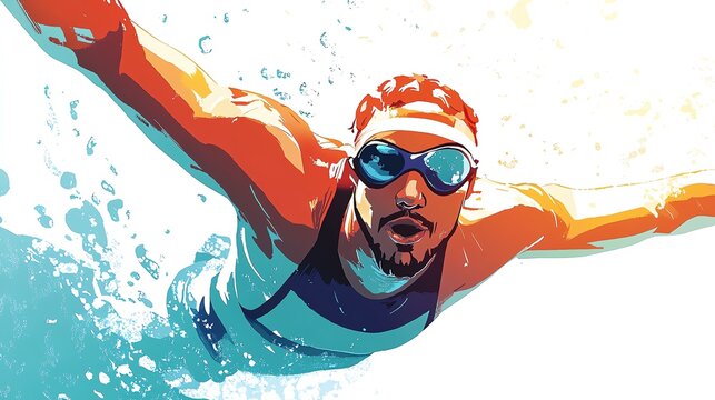 a 2D cartoon illustration of a swimmer winning a race, victorious and fast, white background--ar 16:9
