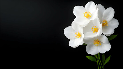 Obraz premium A stunning close-up of white flowers with yellow centers against a dark background, perfect for adding elegance.