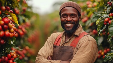 Coffee farmer smiling among ripe coffee cherries in vibrant green plantation during harvest season