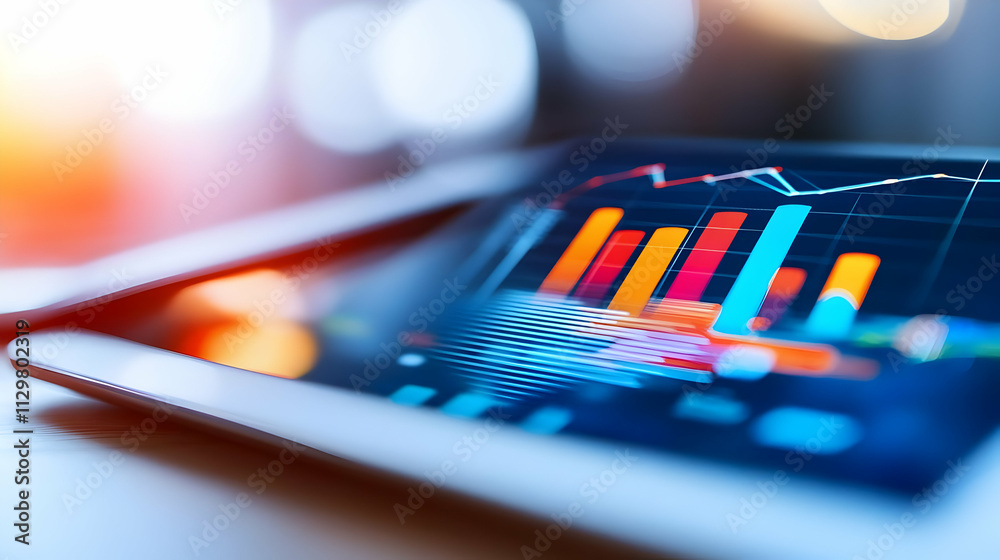 Poster Close-up of a tablet displaying colorful data charts and graphs for digital analysis in a modern workspace.
