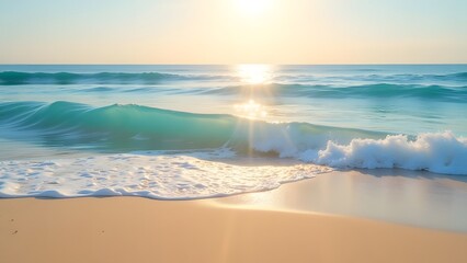 Obraz premium Serene sunset over ocean waves and sandy beach for relaxation and travel inspiration