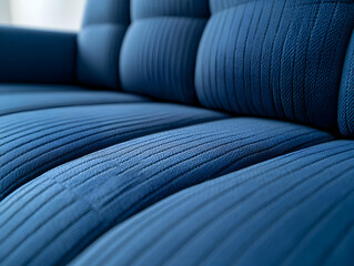 Close-up view of a modern blue couch showcasing its textured fabric and stylish design elements.