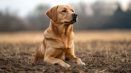 brown Labrador retriever sitting in field