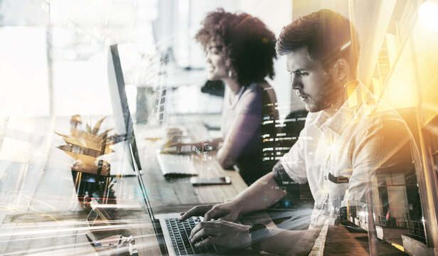 Business people, city and overlay on technology in project management, team and typing for deadline. Woman, man and laptop for double exposure as office, company and digital agency in coworking space - Powered by Adobe