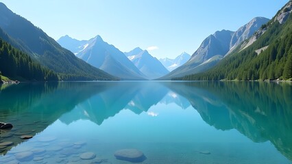 Serene mountain lake with clear reflections amidst majestic peaks