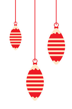 Set of three baubles, Christmas ornament, decoration with stripes. Horizontal layout, vector illustration, isolated on white background. perfect for seasonal themes, Christmas cards, or festive