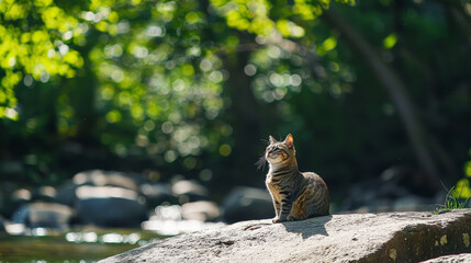 cat basking in sun on rock near river, enjoying nature beauty