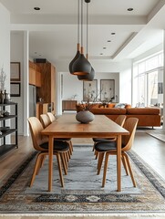 Modern Dining Room with Wooden Furniture, Pendant Lighting and Indoor Plants in a Cozy, Open-Concept Living Space Featuring a Large Window and Minimalist Decor.