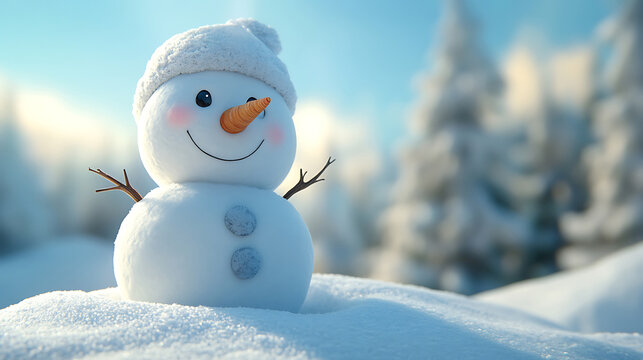 Funny snowman in white hat aon snowy field.