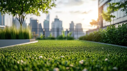 Rooftop garden with artificial turf, lush greenery, and cityscape background at sunset.