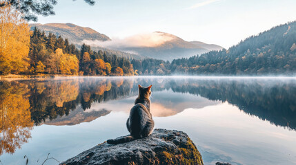 cat sitting on rock, gazing at serene lake surrounded by mountains