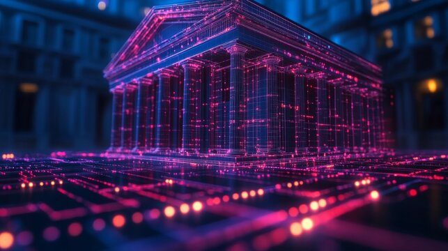 Digital banking innovation represented by a virtual financial institution in a futuristic setting