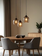 Modern Dining Room with Round Wooden Table, Gray Upholstered Chairs and Elegant Pendant Lights Featuring Cozy Minimalist Decor and Natural Light from Large Windows.