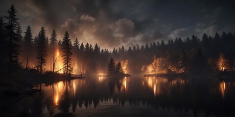 Obraz premium A forest fire burns in the darkness of a lake at night with a faint starlight, fire, environment, landscape