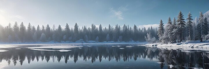 A frozen lake reflecting the trees and sky above, wintry atmosphere, icy surface, frozen lake