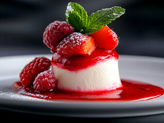 Delicious dessert featuring creamy panna cotta topped with fresh raspberries and a rich berry sauce.