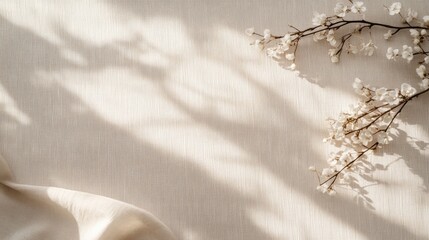 Neutral beige linen texture pleated tablecloth with floral shadows and copy space