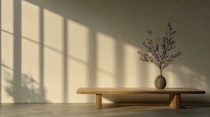 Minimalist interior with wooden bench, vase, and sunlight shadows on wall.
