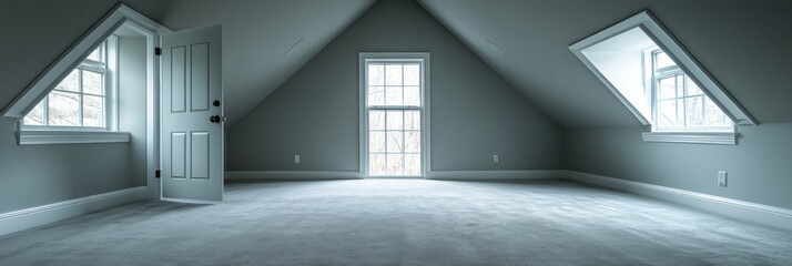 Empty attic room with grey walls and carpet