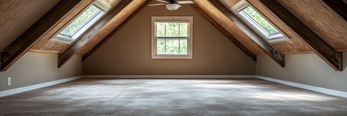 Empty attic room with skylights and wood beams