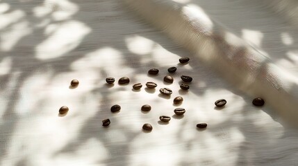 Scattered coffee beans on a light fabric with dappled sunlight.