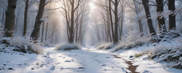 Naklejka premium A quiet forest path lined with snow-covered branches and frosty leaves, serene woods scene, frosty undergrowth, peaceful forest walk