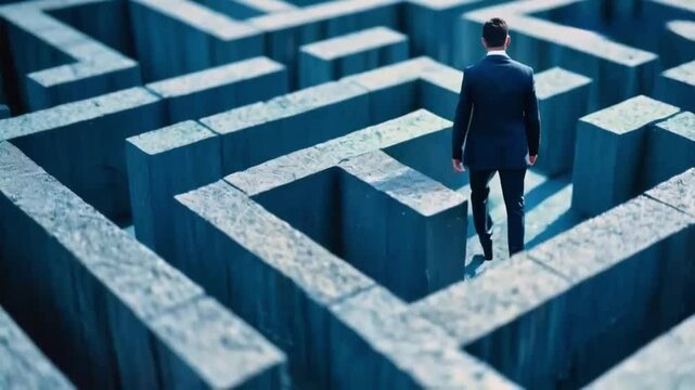 Businessman walking in a labyrinth, business concept for determination in complexity and difficulty