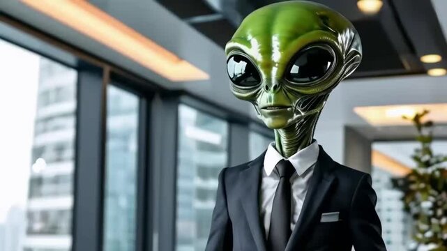 Alien in suit on business office background