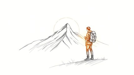 Fototapeta premium Hiker standing on a mountain peak at sunrise, gazing at a majestic snow-capped summit in the distance. Stunning landscape with golden sunlight, perfect for adventure and exploration themes.