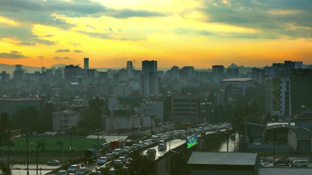 Static shot of the African city of Addis Ababa, Ethiopia at sunset from a high angle.