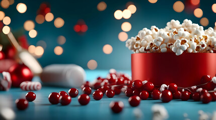 Festive popcorn snack with red candies on a holiday-themed background, perfect for celebrating special occasions.