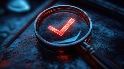 Magnifying glass shows glowing check mark. Quality control process validation concept. QA, improvement visualized. Law compliance, standards concept. Inspection, approval process. Modern, futuristic