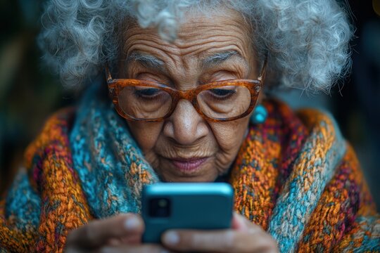 Senior Woman Driving Alone Safely While Scrolling on Smartphone Emphasizing Independence and Cautious Driving