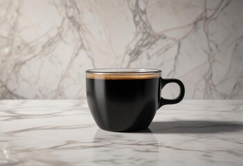 Black cup filled with aromatic coffee americano on a marble countertop , countertop, liquid