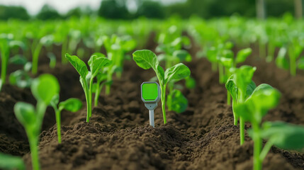 Young plants grow in field. Soil sensor measures moisture, pH. Tech solution ensures optimal growth. Eco-friendly method. Future agriculture. Modern farming. Plants healthy,. Agriculture innovation.