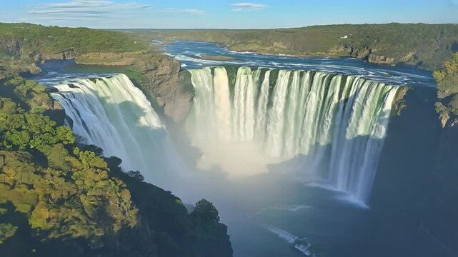 Sunlight illuminating the mist rising from iguazu falls as water cascades into the iguazu river