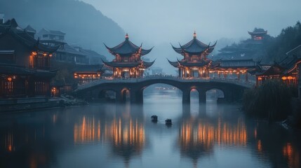 Fototapeta premium night scene of chinese temple over a river