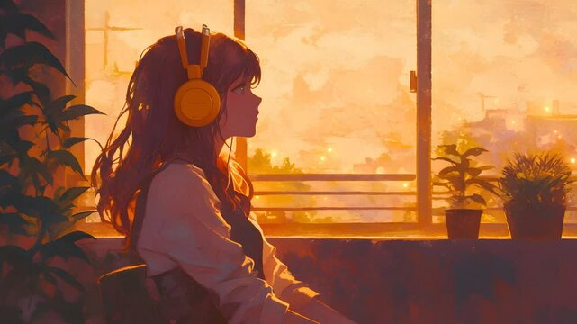 Animation lofi, warm ambient girl in room wearing headphone, with painterly effect paint and particle light