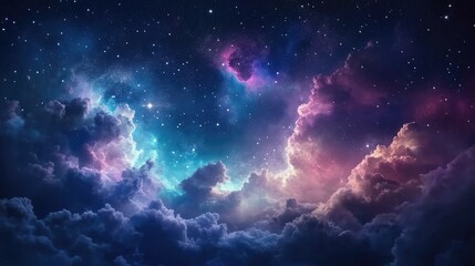 Night sky with stars. Universe filled with clouds, nebula and galaxy. Landscape with gradient blue and purple colorful cosmos with stardust and milky way. Magic color galaxy, space background