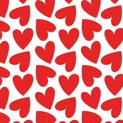 Seamless pattern of simple red hearts isolated on white for wrapping paper or fabric. Hand drawn style.
