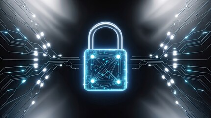 Neural network at closed padlock illustration for safety link with dark background