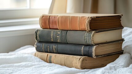 Stack of vintage antique books on a white fabric surface near a window.