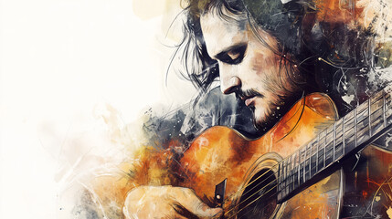 Watercolor Painting of Man Playing Acoustic Guitar