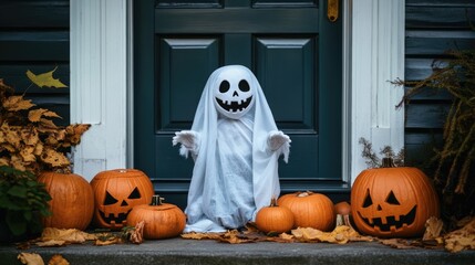 NiÃƒÂ±o disfrazado de fantasma con una sÃƒÂ¡bana, con ojos y boca de terror, rodeado de calabazas, sobre fondo de la puerta de entrada a una casa decorada para Halloween